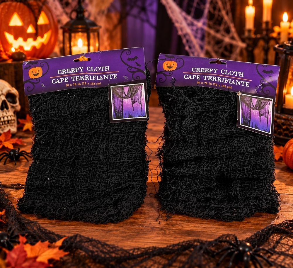 Halloween Creepy Cloth Black Gauze Decoration Lot of 2 Packs 30x72 Inch NWT